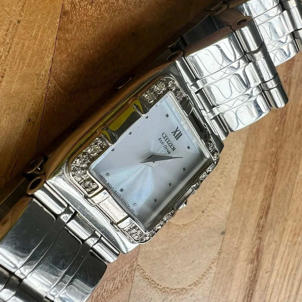 Citizen eco-drive ladies square dial silver tone diamond dress watch